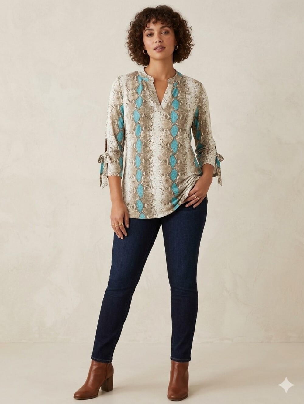 NWT Lildy Split Sleeve Tunic Sz S-M Beige Turquoise
